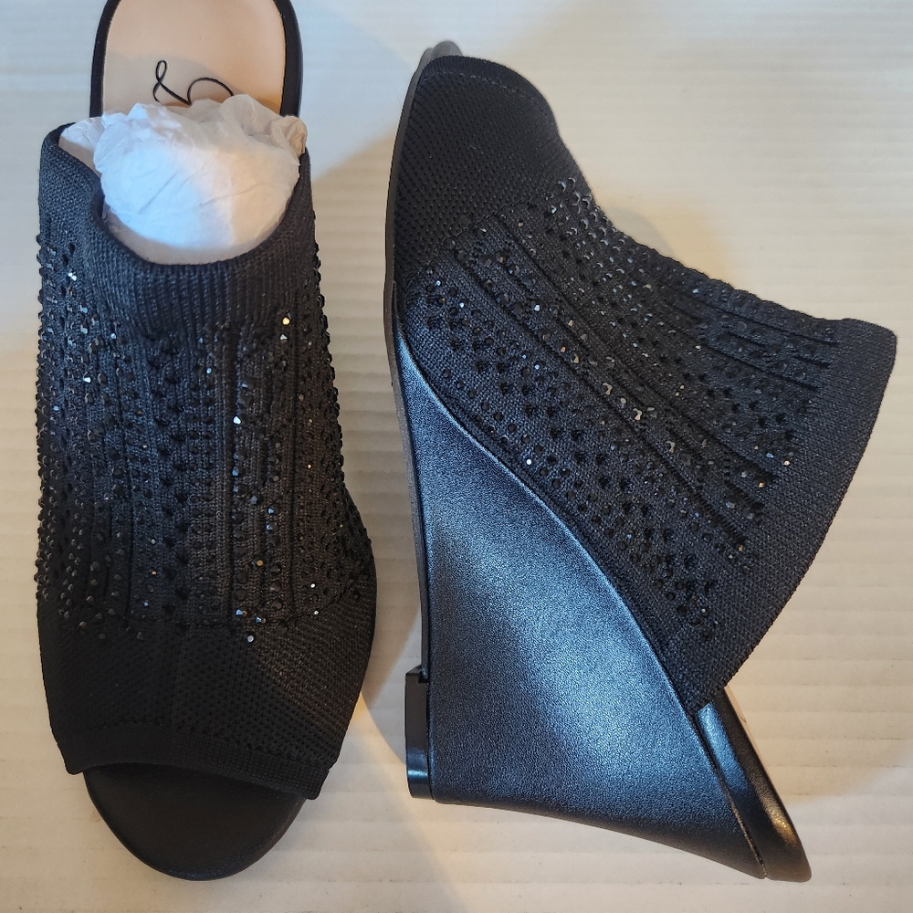 Lauren Lorraine Martha Black Rhinestone Wedge Heels Size 5.5 NIB